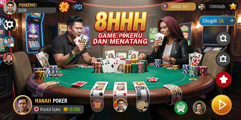 Tampilan seru dari gameplay Poker di 8HHH dengan pemain berinteraksi.